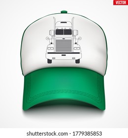 Layouts of trucker cap with truck label. A template simple example cap. Element of service apparel clothes. Front view. Editable Vector Illustration isolated on white background.