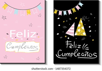 Layouts of two different versions of greeting cards with the inscription "Happy Birthday" on Spanish (Feliz Cumpleanos). Include birthday party objects (champagne, flags).