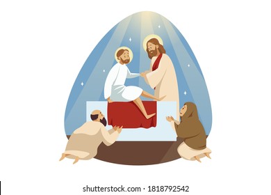 Lazarus resurrection, bible, religion, christianity concept. Jesus Christ son of God biblical character Messiah prophet makes miraculous ascension of dead man. Catholic religious holiday illustration.