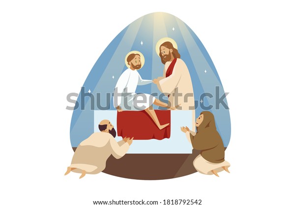 Lazarus resurrection, bible, religion, christianity concept. Jesus Christ son of God biblical character Messiah prophet makes miraculous ascension of dead man. Catholic religious holiday illustration.