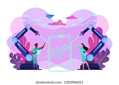 Lazer beams drawing outline of smartphone and engineers, tiny people. Laser technologies, optical communication systems, medical laser use concept. Bright vibrant violet vector isolated illustration