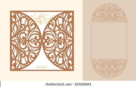Lazercut vector wedding invitation template. Wedding invitation envelope for laser cutting. Lace gate folds.Lazer cut vector.
