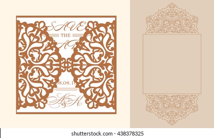 Lazercut vector wedding invitation template. Wedding invitation envelope for laser cutting. Lace gate folds.Lazer cut vector.