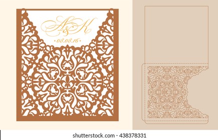 Plantilla de invitación de boda vectorial de corte Lazercut. Sobre de invitación de matrimonio para corte láser.  Folds de la puerta de encaje.Vector de corte flojo.