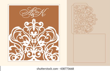 Plantilla de invitación de boda vectorial de corte Lazercut. Sobre de invitación de matrimonio para corte láser. Folds de la puerta de encaje.Vector de corte flojo.