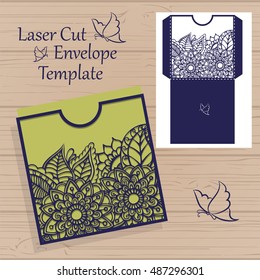 Lazercut vector wedding invitation template. Wedding invitation envelope with zentangle flowers for laser cutting. Lace gate folds.Lazer cut vector.