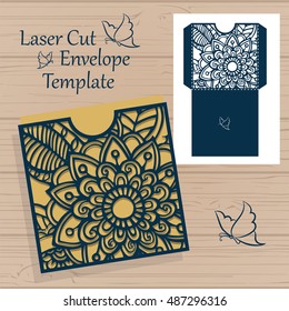 Lazercut vector wedding invitation template. Wedding invitation envelope with zentangle flowers for laser cutting. Lace gate folds.Lazer cut vector.
