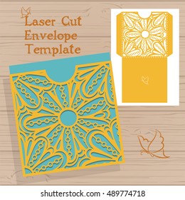 Lazercut vector wedding invitation template. Wedding invitation envelope with zentangle flowers for laser cutting. Lace gate folds.Lazer cut vector.
