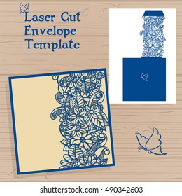 Lazercut vector wedding invitation template. Wedding invitation envelope with zentangle flowers for laser cutting. Lace gate folds.Lazer cut vector.
