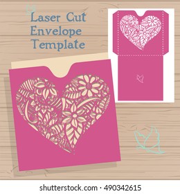 Lazercut vector wedding invitation template. Wedding invitation envelope with zentangle flowers for laser cutting. Lace gate folds.Lazer cut vector.