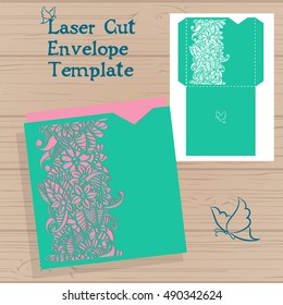 Lazercut vector wedding invitation template. Wedding invitation envelope with zentangle flowers for laser cutting. Lace gate folds.Lazer cut vector.
