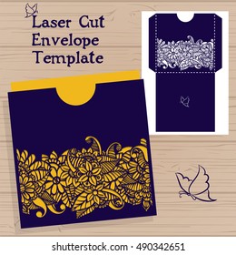 Lazercut vector wedding invitation template. Wedding invitation envelope with zentangle flowers for laser cutting. Lace gate folds.Lazer cut vector.