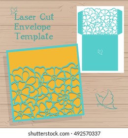 Lazercut vector wedding invitation template. Vector die laser cut envelope template. Wedding invitation envelope with flowers for laser cutting. Lace gate folds.Lazer cut vector.
