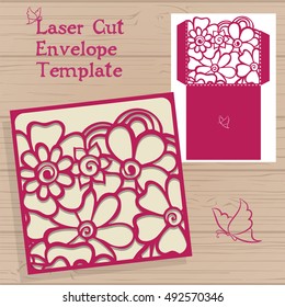 Lazercut vector wedding invitation template. Vector die laser cut envelope template. Wedding invitation envelope with flowers for laser cutting. Lace gate folds.Lazer cut vector.