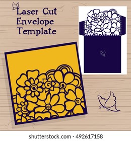 Lazercut vector wedding invitation template. Wedding invitation envelope with flowers for laser cutting. Lace gate folds.Lazer cut vector.