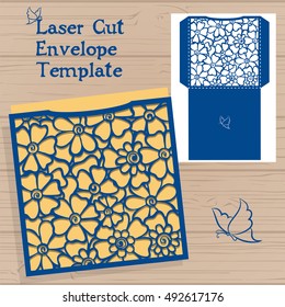 Lazercut vector wedding invitation template. Wedding invitation envelope with flowers for laser cutting. Lace gate folds.Lazer cut vector.
