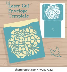 Lazercut vector wedding invitation template. Wedding invitation envelope with flowers for laser cutting. Lace gate folds.Lazer cut vector.