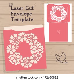 Lazercut vector wedding invitation template. Wedding invitation envelope with flowers for laser cutting. Lace gate folds.Lazer cut vector.