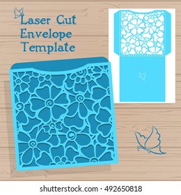 Lazercut vector wedding invitation template. Wedding invitation envelope with flowers for laser cutting. Lace gate folds.Lazer cut vector.