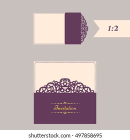 Lazercut vector wedding invitation template. Wedding invitation envelope for laser cutting. Lace gate folds.Lazer cut vector.