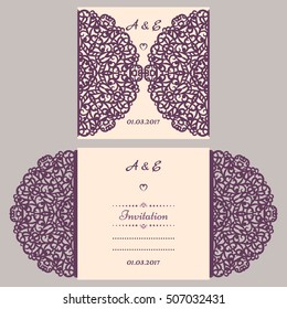 Lazercut vector wedding invitation template. Wedding invitation envelope for laser cutting. Lace gate folds.Lazer cut vector.