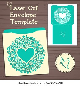 Lazercut vector wedding invitation template. Wedding invitation envelope with zentangle flowers for laser cutting. Lace gate folds.Lazer cut vector.
