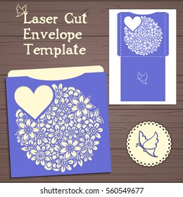 Lazercut vector wedding invitation template. Wedding invitation envelope with zentangle flowers for laser cutting. Lace gate folds.Lazer cut vector.