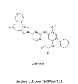Lazertinib chemical structure skeletal formula. EGFR tyrosine kinase inhibitor (TKI) drug used to treat Non-small cell lung cancer (NSCLC) with EGFR mutations. Simple schematic illustration.