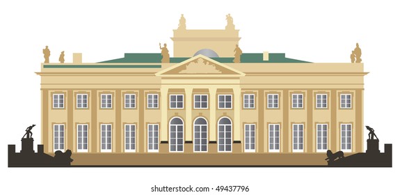 Lazienki royal palace detailed view of the north facade. Color vector illustration.