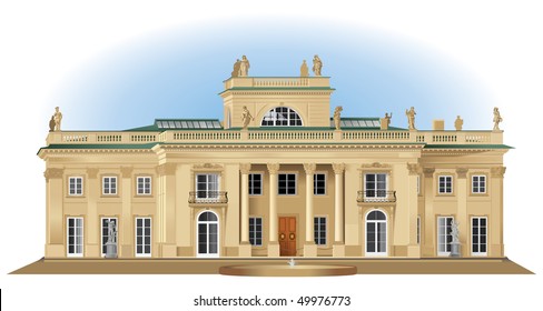Lazienki royal palace detailed view of the south facade. Color vector illustration.