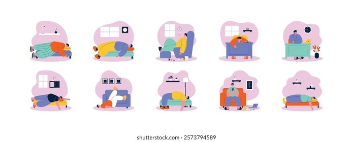 Laziness of the characters with various poses on the sofa and table, activities without energy and expressions without enthusiasm.