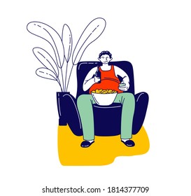 Laziness, Degradation, Unhealthy Eating Bad Habit Concept. Fat Lazy Man Character Sit on Armchair at Home with Fast Food and Beer Watching Tv. Fastfood Addiction, Obesity. Linear Vector Illustration