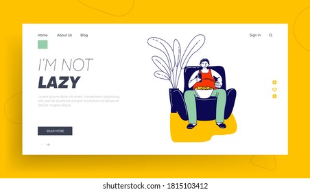 Laziness, Degradation, Unhealthy Eating Bad Habit Landing Page Template. Fat Lazy Man Character Sit on Armchair with Fast Food and Beer Watch Tv. Fastfood Addiction Obesity. Linear Vector Illustration