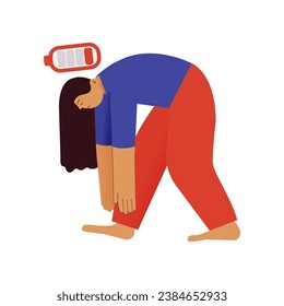 Laziness, Fatigue, Apathy, Depression Concept. Tired female suffering under the weight of problems and obligations. Low battery icon. Modern vector illustration