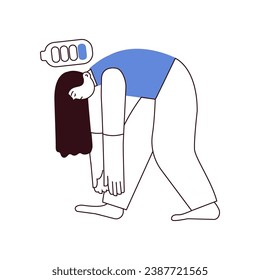 Laziness, Fatigue, Apathy, Depression Concept. Tired female suffering under the weight of problems and obligations. Low battery icon. Black and white modern flat vector illustration