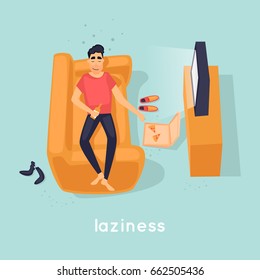 Laziness guy is lying on the couch. Flat vector illustration in cartoon style.