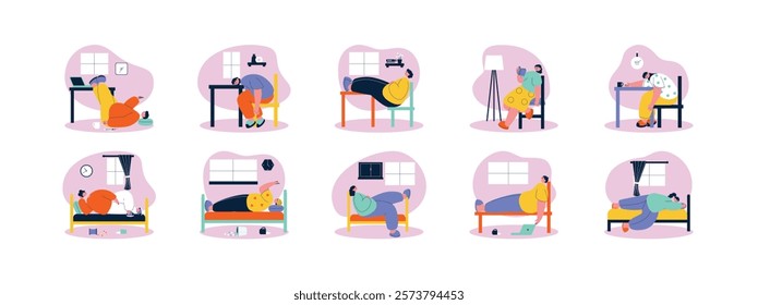 Laziness of the illustration character in the room and work space, not doing any activities just sitting and lying down as they please.