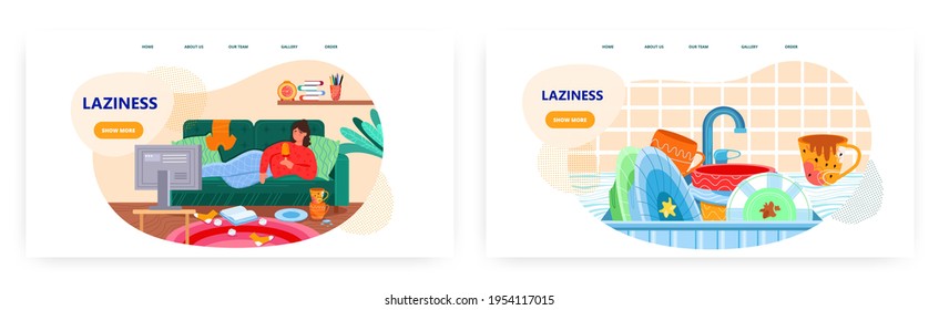 Laziness landing page design, website banner vector templates. Lazy woman lying on couch in messy room. Procrastination.