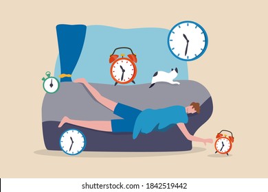 Laziness, low energy overworked man or unproductive procrastination concept, office man sleeping with no power cannot wake up in the morning after fatigue overwork low moral don't want to go to work.