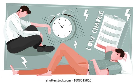 Laziness man flat composition with human characters of idle men with alarm clock and low battery vector illustration
