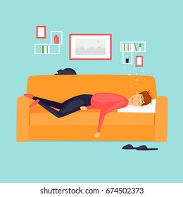 Laziness, a man is sleeping on the couch. Flat design vector illustration.