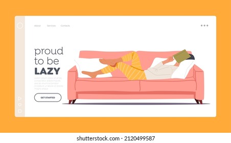 Laziness, Procrastination Postpone, Work to Do Later, Boredom Landing Page Template. Lazy or Tired Female Character Sleeping Lay Down on Couch Cover Face with Book. Cartoon People Vector Illustration