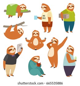 Laziness sloth animal character different human pose lazy cartoon kawaii wild jungle mammal flat design vector illustration people life role