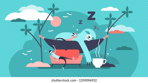 Laziness vector illustration. Flat tiny sleepy animal and persons concept. Comfortable sofa and exhausted businessman laying near mammal sloth. Compared tired human and wildlife with coffee for energy