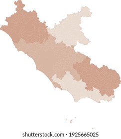 Lazio map, division by provinces and municipalities. Closed and perfectly editable polygons, polygon fill and color paths editable at will. Levels. Political geographic map. Italy