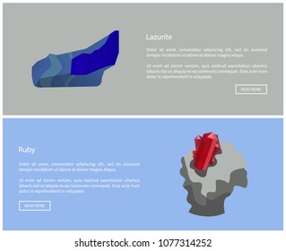 Lazurite and ruby blue and pink to blood-red colored gemstones, variety of mineral corundum. Cardinal and lazurite gem vector illustrations set
