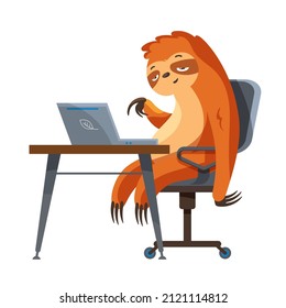 Lazy animal is programming on laptop. Sloth in cartoon style.