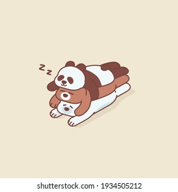 lazy bear, polar bear and panda sleep on top of each other cute icon sticker illustration