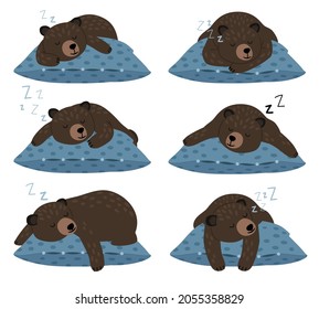 Lazy bear sleep. Sleeping cute teddy character poses on pillow, quiet winter rest, fat animal laziness vector illustration, sleepiness cartoon comic funny bears dreams isolated on white background