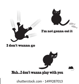 Lazy black cat cartoon vector. Funny cat character. Moody cat scratching the wall. Cat, mouse and fish vector.